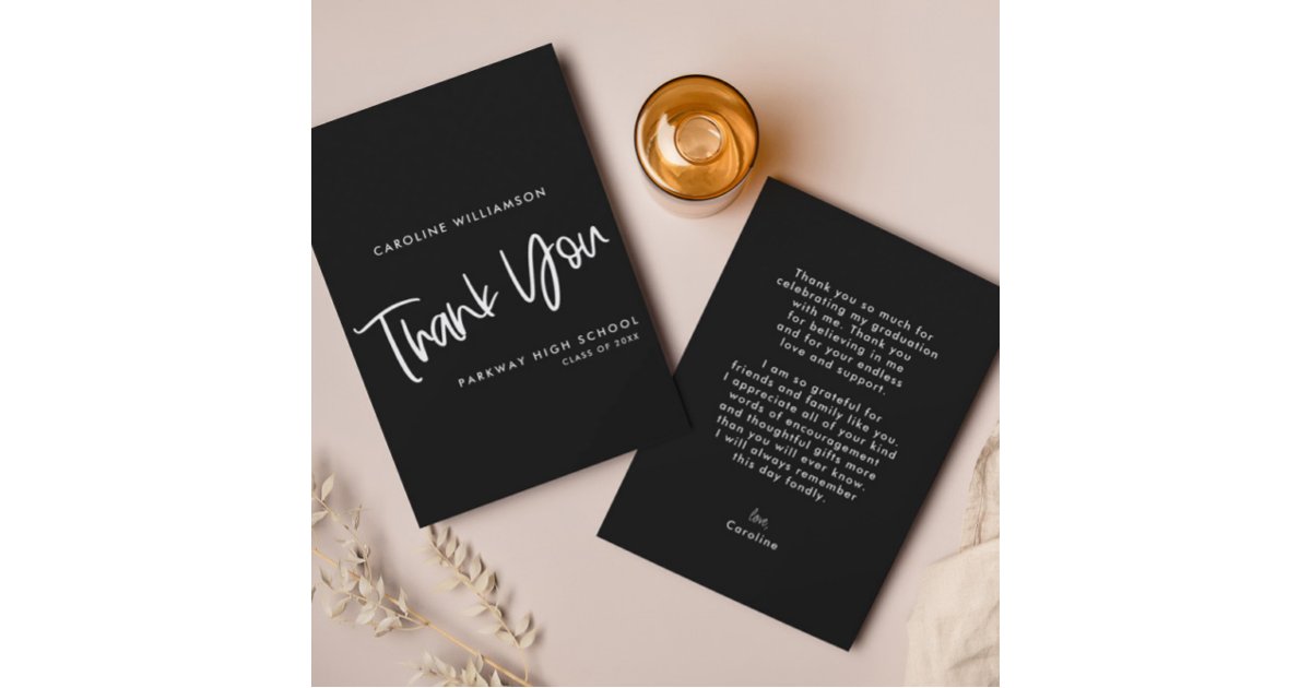 Modern Black & White Handwritten Script Graduation Thank You Card | Zazzle