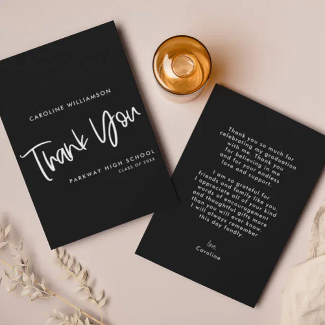 Modern Black & White Handwritten Script Graduation Thank You Card | Zazzle
