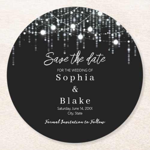 Modern Black  White Hanging Lights Save the Date Round Paper Coaster