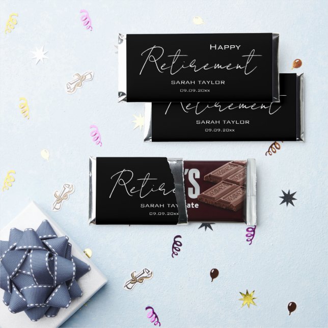 Modern Black White Happy Retirement Personalized  Hershey Bar Favors (Front)