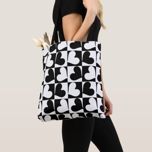Modern Black White Heart Checkered Pattern Tote Bag