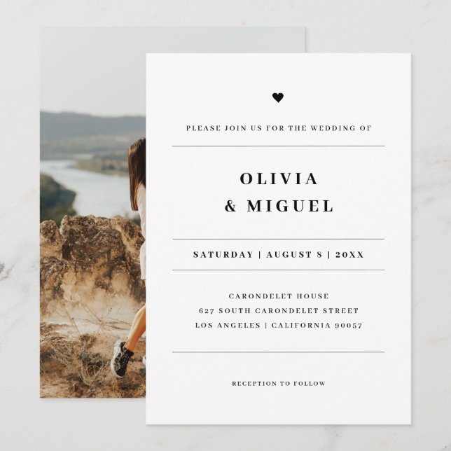 Modern Black White Heart Photo Wedding Invitation (Front/Back)