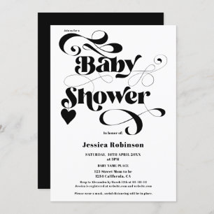 Modern black white heart script bold baby shower invitation