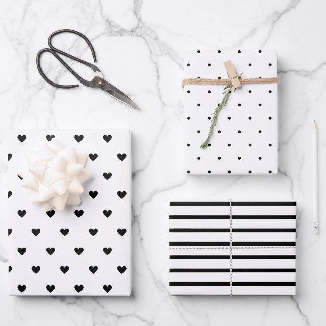 Modern Black & White Hearts Stripes Polka Dots 3 Wrapping Paper Sheets (Front)