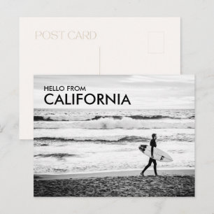 Modern Black & White Hello from California Beach Postcard