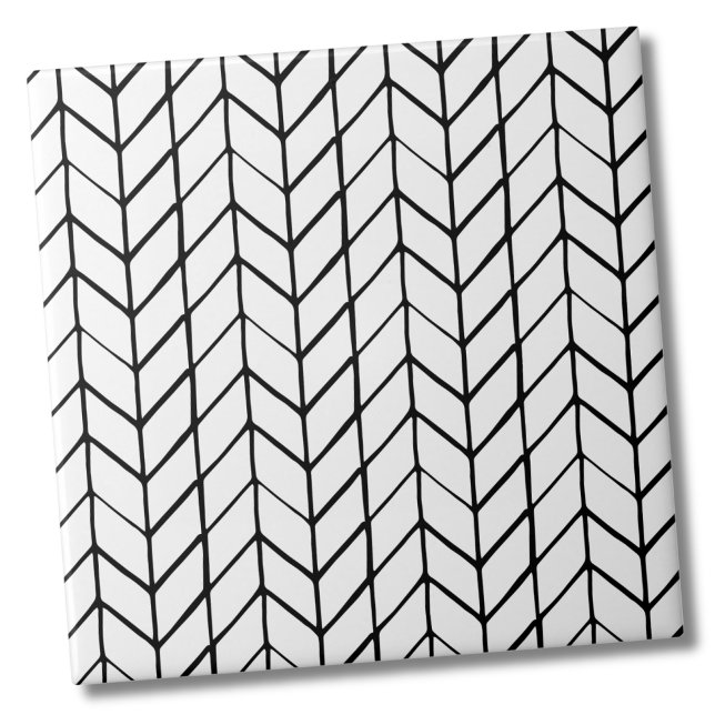 Modern Black White Herringbone Ceramic Tile (Modern Chic Black White Herringbone Ceramic Tile)