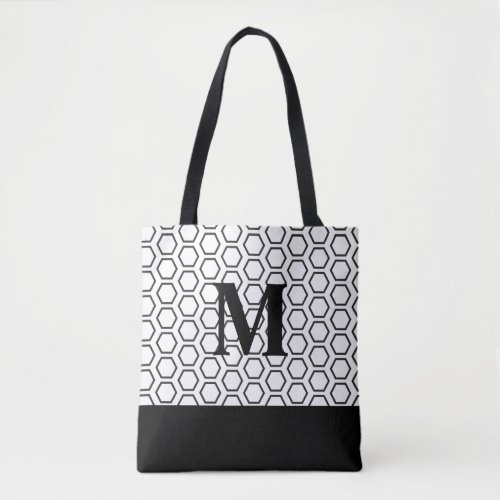 Modern Black White Hexagon Honeycomb Initial Tote Bag