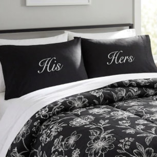 Modern Black White His and Hers  Pillow Case