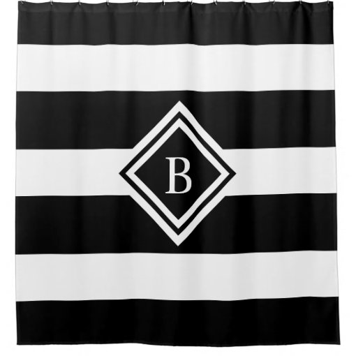 Modern Black White Horizontal Stripes Monogram Shower Curtain Zazzle