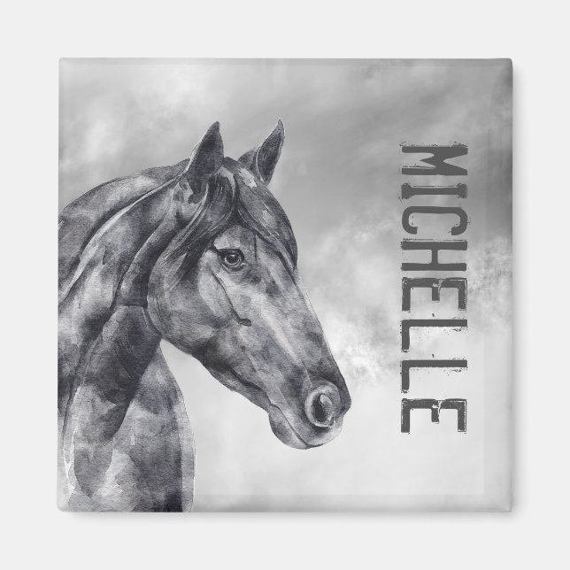 Modern Black White Horse Name Watercolor Magnet (Front)