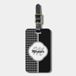 Modern Black White Houndstooth Monogram and Name Luggage Tag