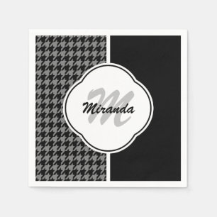 Modern Black White Houndstooth Monogram and Name Napkins