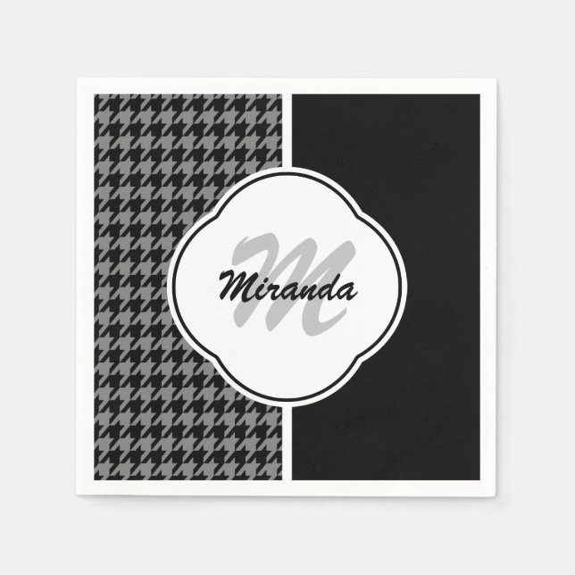 Modern Black White Houndstooth Monogram and Name Napkins (Front)