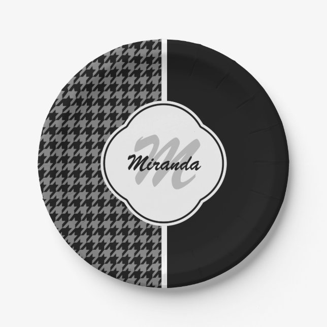 Modern Black White Houndstooth Monogram and Name Paper Plates (Front)