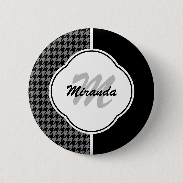 Modern Black White Houndstooth Monogram and Name Pinback Button (Front)