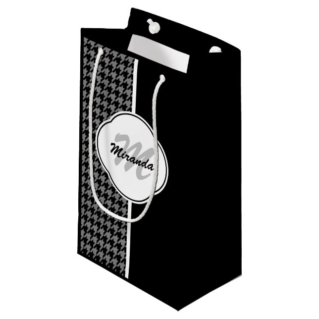 Modern Black White Houndstooth Monogram and Name Small Gift Bag (Front Angled)