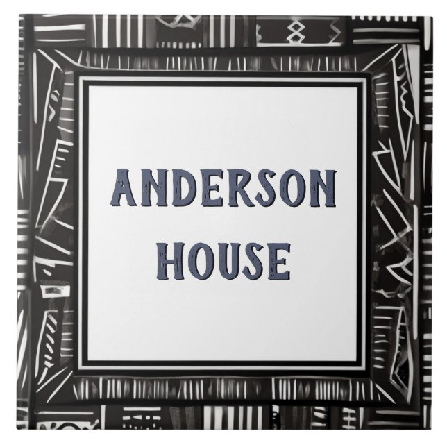Modern Black & White House Name Plaque Plate Ceramic Tile (Front)