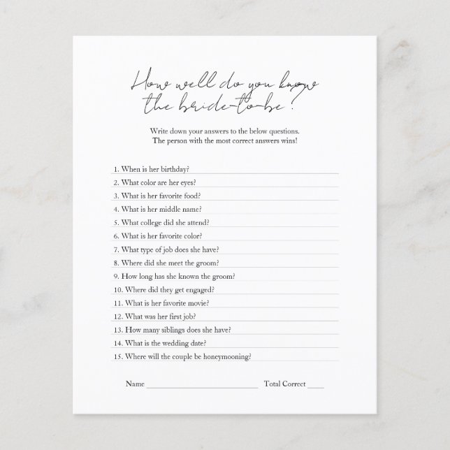 Modern Black White How Well Do You Know the Bride  Flyer (Front)