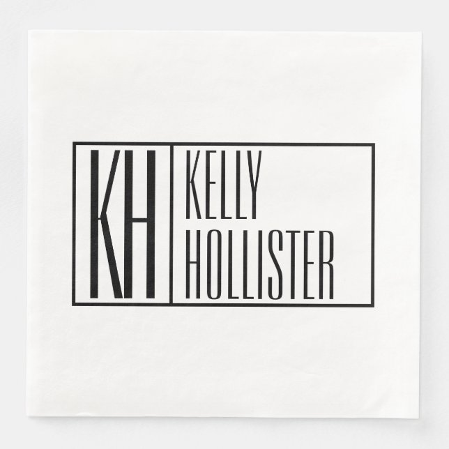 Modern Black & White Initials & Name Logo Paper Dinner Napkins (Front)