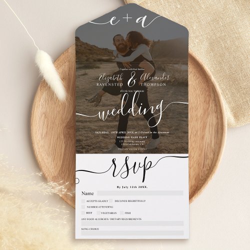 Modern black white initials photo wedding all in one invitation