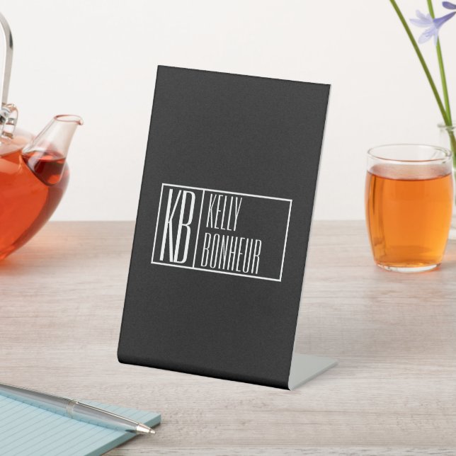 Modern Black & White Initials with Name Monogram Pedestal Sign (In SItu)