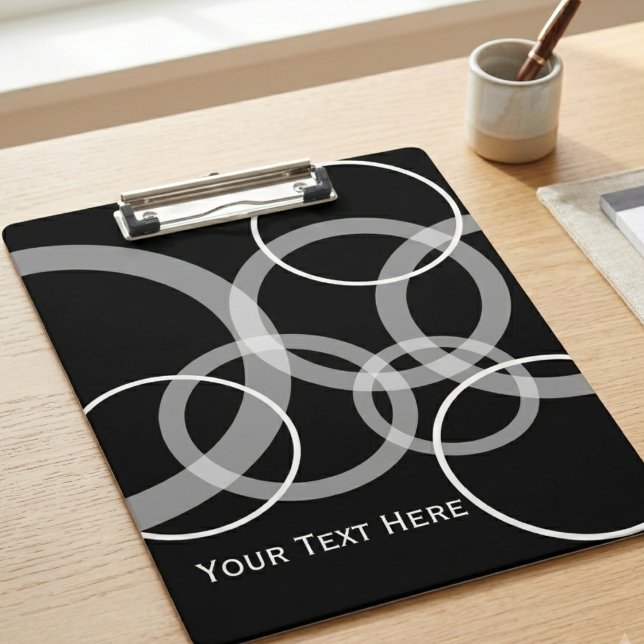 Modern Black White Interlocking Circles Pattern Clipboard (Elevate your desk with this minimalist interlocking circle design; perfect for the organized.)