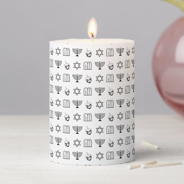 Modern black white Jewish holiday pattern Hanukkah Pillar Candle (In Situ)