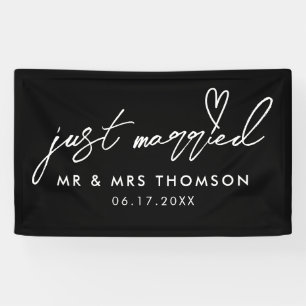 Modern Black White Just Married Elegant Wedding Banner