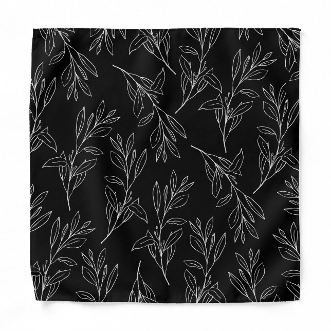 Modern Black White Leaf Vine Wedding Pocket Square Bandana (Front)