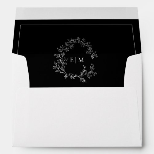 Modern Black White Leafy Crest Monogram Wedding Envelope