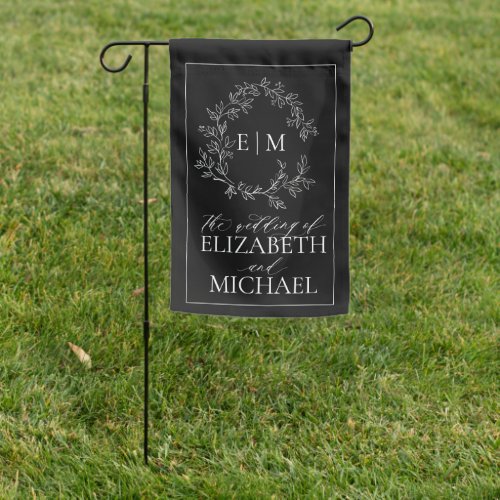 Modern Black White Leafy Crest Monogram Wedding Garden Flag