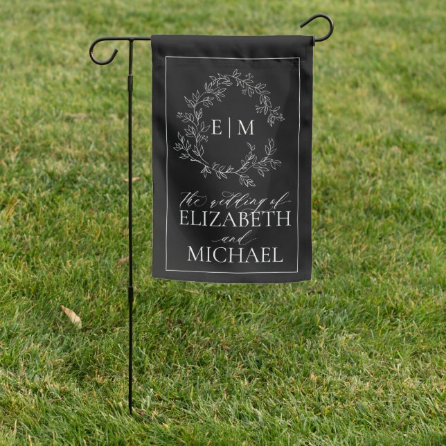 Modern Black White Leafy Crest Monogram Wedding Garden Flag (In SItu)