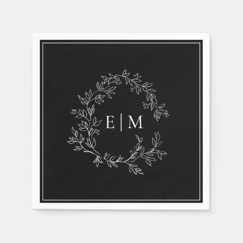 Modern Black White Leafy Crest Monogram Wedding Napkins