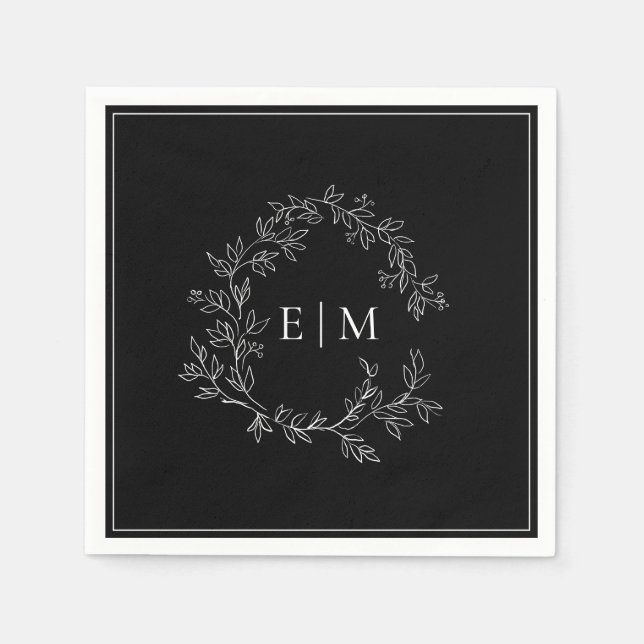 Modern Black White Leafy Crest Monogram Wedding Napkins (Front)