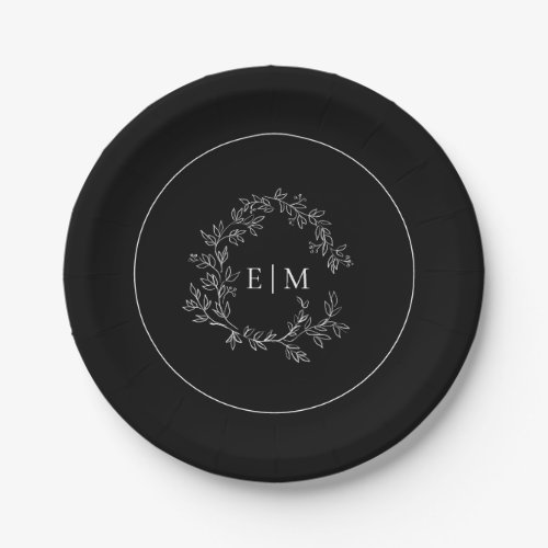 Modern Black White Leafy Crest Monogram Wedding Paper Plates