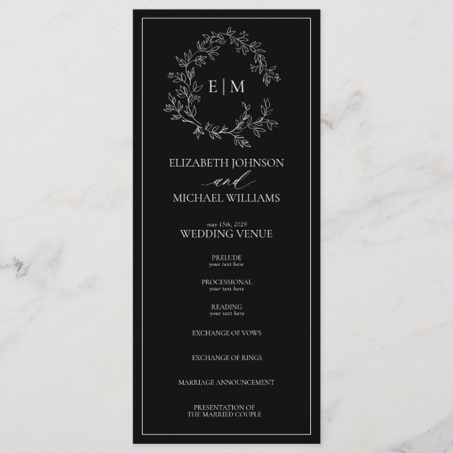 Modern Black White Leafy Crest Monogram Wedding Program (Front)