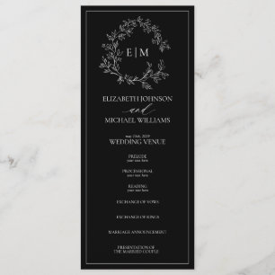 Modern Black White Leafy Crest Monogram Wedding Program