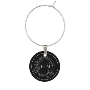 Modern Black White Leafy Crest Monogram Wedding Wine Charm