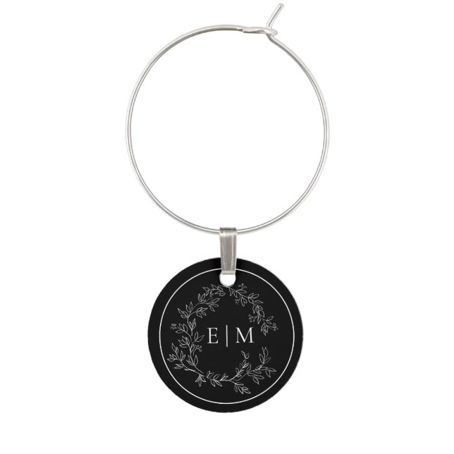 Modern Black White Leafy Crest Monogram Wedding Wine Charm (Front)