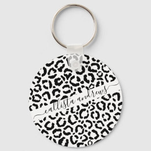 Modern Black White Leopard Animal Print Pattern Keychain