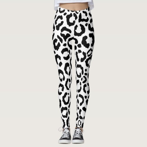 Modern Black White Leopard Animal Print Pattern Leggings