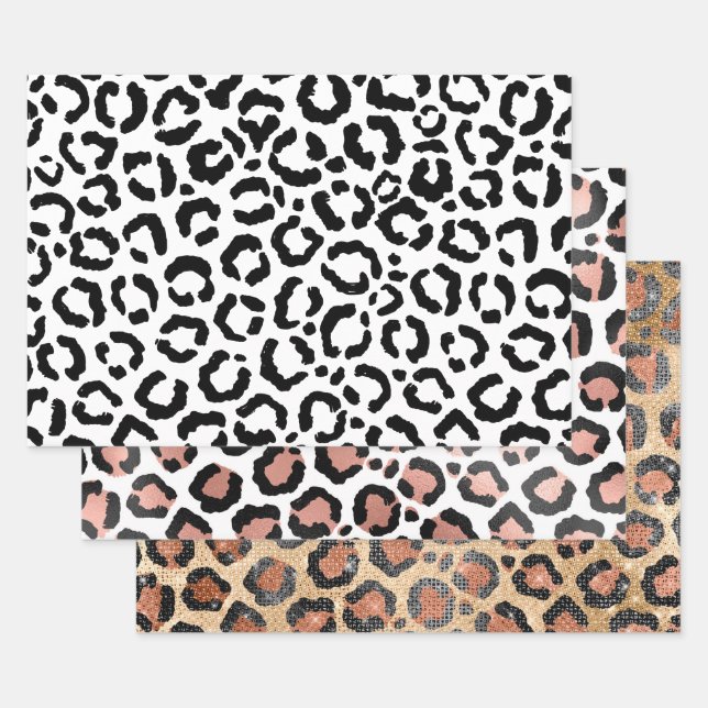Modern Black White Leopard Animal Print Pattern Wrapping Paper Sheets (Set)