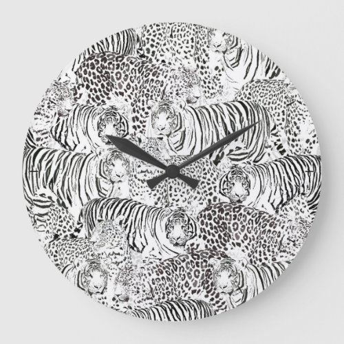 Modern Black White Leopard Tiger Animals Large Clock