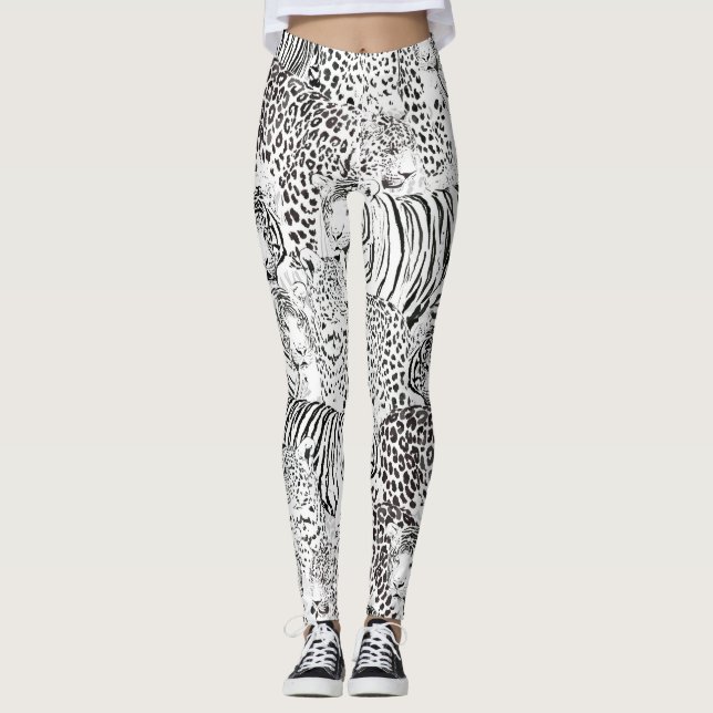 Modern Black White Leopard Tiger Animals Leggings (Front)