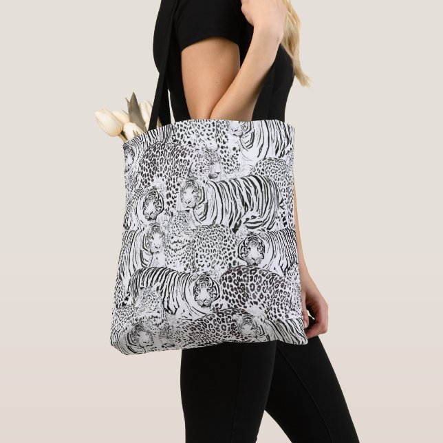 Modern Black White Leopard Tiger Animals Tote Bag (Close Up)