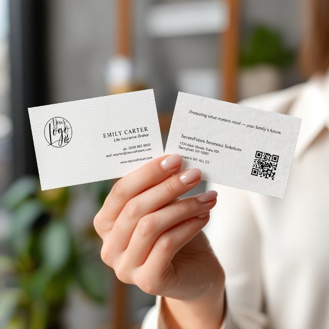 Modern Black White Life Insurance Broker QR Code  Business Card (Modern Black White Life Insurance Broker QR Code Business Card)