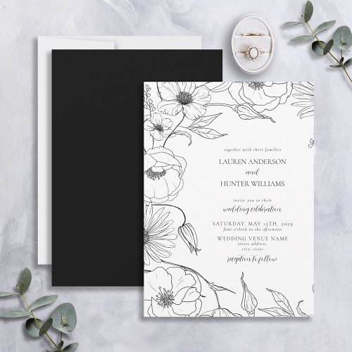 Modern Black White Line Art Floral Wedding Invitation