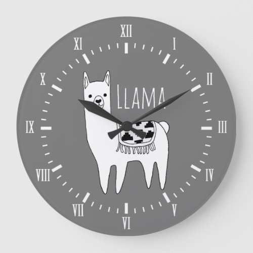 Modern Black  White Llama Sketch Roman Numerals Large Clock