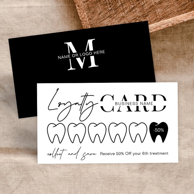 Modern Black White Logo Orthodontist Dentist Loyalty Card (Minimalist loyalty card design for dentist or orthodontist in a modern black and white design)