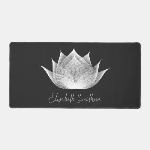 Modern Black  White Lotus Flower Elegant Add Name Desk Mat